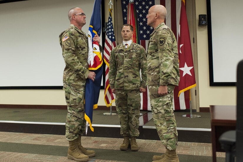 U.S. Army Reserve Command Sgt. Maj. Ted L. Copeland, left, accepts the colors from Lt. Gen. Charles D. Luckey, chief, Army Reserve and U.S. Army Reserve Command commanding general, during a change of responsibility ceremony at the U.S. Army Forces Command and U.S. Army Reserve Command headquarters, April 18, 2017, at Fort Bragg, NC. Copeland takes over the U.S. Army Reserve's top enlisted position after serving as the command sergeant major of the 79th Sustainment Support Command in Los Alamitos, Calif. (U.S. Army photo by Timothy L. Hale/Released)