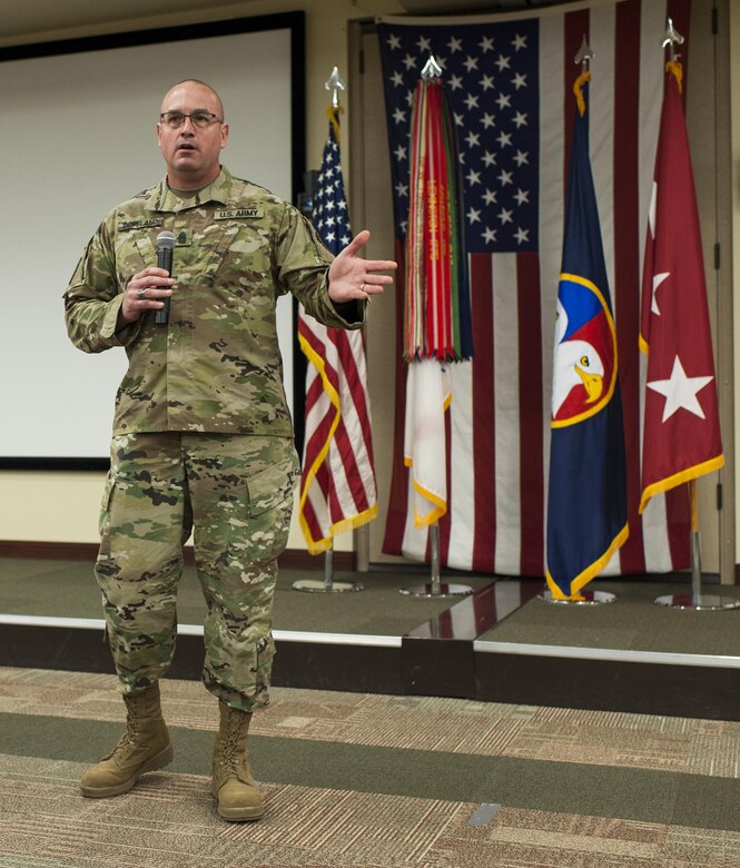 U.S. Army Reserve Command Sgt. Maj. Ted L. Copeland, gives his remarks during a change of responsibility ceremony at the U.S. Army Forces Command and U.S. Army Reserve Command headquarters, April 18, 2017, at Fort Bragg, NC. Copeland takes over the U.S. Army Reserve's top enlisted position after serving as the command sergeant major of the 79th Sustainment Support Command in Los Alamitos, Calif. (U.S. Army photo by Timothy L. Hale/Released)