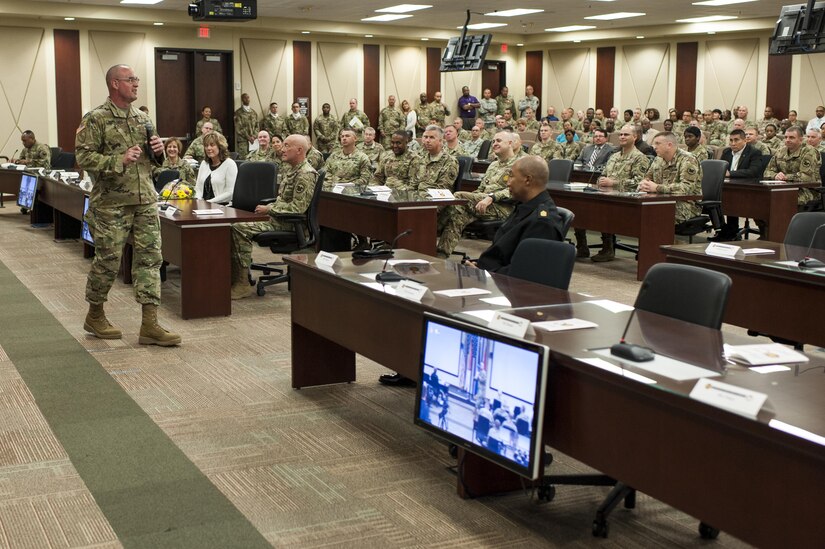 U.S. Army Reserve Command Sgt. Maj. Ted L. Copeland, gives his remarks during a change of responsibility ceremony at the U.S. Army Forces Command and U.S. Army Reserve Command headquarters, April 18, 2017, at Fort Bragg, NC. Copeland takes over the U.S. Army Reserve's top enlisted position after serving as the command sergeant major of the 79th Sustainment Support Command in Los Alamitos, Calif. (U.S. Army photo by Timothy L. Hale/Released)