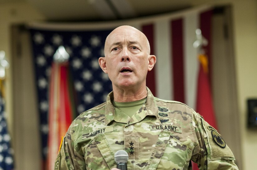 Lt. Gen. Charles D. Luckey, chief, Army Reserve and U.S. Army Reserve Command commanding general, gives his remarks during a change of responsibility ceremony for U.S. Army Reserve Command Sgt. Maj. Ted L. Copeland, at the U.S. Army Forces Command and U.S. Army Reserve Command headquarters, April 18, 2017, at Fort Bragg, NC. Copeland takes over the U.S. Army Reserve's top enlisted position after serving as the command sergeant major of the 79th Sustainment Support Command in Los Alamitos, Calif. (U.S. Army photo by Timothy L. Hale/Released)