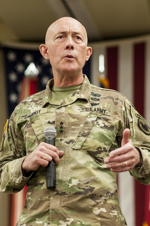 Lt. Gen. Charles D. Luckey, chief, Army Reserve and U.S. Army Reserve Command commanding general, gives his remarks during a change of responsibility ceremony for U.S. Army Reserve Command Sgt. Maj. Ted L. Copeland, at the U.S. Army Forces Command and U.S. Army Reserve Command headquarters, April 18, 2017, at Fort Bragg, NC. Copeland takes over the U.S. Army Reserve's top enlisted position after serving as the command sergeant major of the 79th Sustainment Support Command in Los Alamitos, Calif. (U.S. Army photo by Timothy L. Hale/Released)