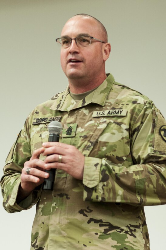 U.S. Army Reserve Command Sgt. Maj. Ted L. Copeland, gives his remarks during a change of responsibility ceremony at the U.S. Army Forces Command and U.S. Army Reserve Command headquarters, April 18, 2017, at Fort Bragg, NC. Copeland takes over the U.S. Army Reserve's top enlisted position after serving as the command sergeant major of the 79th Sustainment Support Command in Los Alamitos, Calif. (U.S. Army photo by Timothy L. Hale/Released)