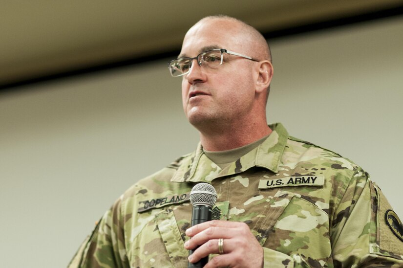 U.S. Army Reserve Command Sgt. Maj. Ted L. Copeland, gives his remarks during a change of responsibility ceremony at the U.S. Army Forces Command and U.S. Army Reserve Command headquarters, April 18, 2017, at Fort Bragg, NC. Copeland takes over the U.S. Army Reserve's top enlisted position after serving as the command sergeant major of the 79th Sustainment Support Command in Los Alamitos, Calif. (U.S. Army photo by Timothy L. Hale/Released)