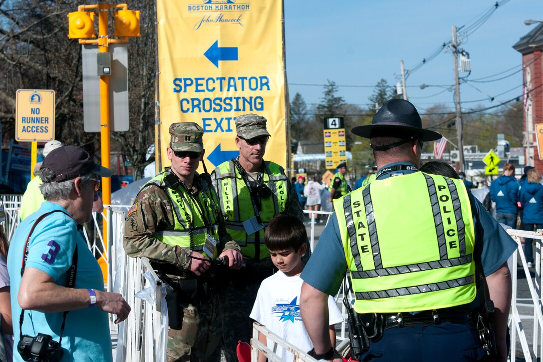 Massachusetts Army National Guardsmen assist law enforcement officers with security during the 121st Boston Marathon in Hopkinton, Mass., April 17, 2017. Army National Guard photo by Staff Sgt. Evan Lane