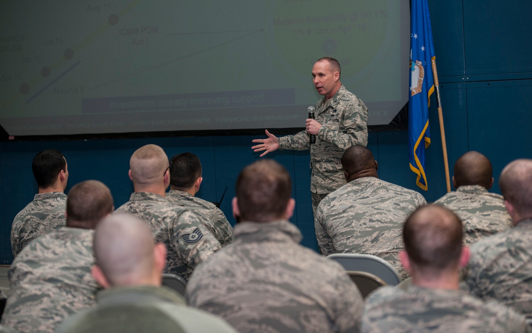Air Force Col. John Waggoner, Customer Operations director, DLA Aviation, talks to members of the 91st Maintenance Group at Minot Air Force Base, North Dakota.  He discussed how to improve Minuteman III sustainment and the Air Force Global Strike Command’s role in sustainment success.