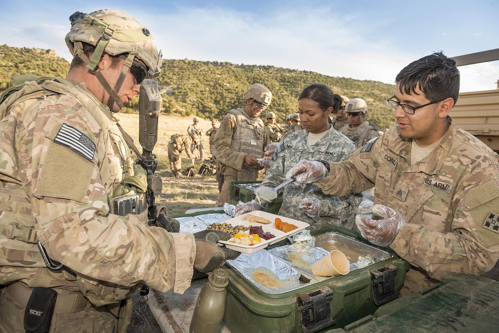 Soldiers with the 4th Infantry Division, Fort Carson, Colorado, participate in the U.S. Army Natick Soldier Research Development and Engineering Center annual ration field trials in July 2016. DLA veterinarians inspect military food supplies, supervise operational ration assembly plants, as well as supply and distribution points, and they approve food sources around the world.
