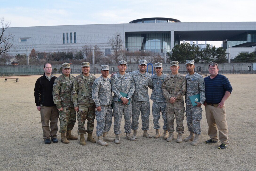 ERDC researchers pose for a group shot after the completion of Key Resolve 2017 with members of the 916th FEST-A, March 16, 2017. From left to right are Noah Garfinkle, CERL, Sgt. 1st Class Luis Rodriguez, Capt. John Lee Membrere-Mercado, 1st Lt. Mark Guirao, 1st Lt. Nuttapong Lea, 1st Lt. Kyle Ramirez, Maj. Aaron Takahashi, Capt. Seung Yoo, Capt. Jesse Jordan and Pat Guertin, CERL.