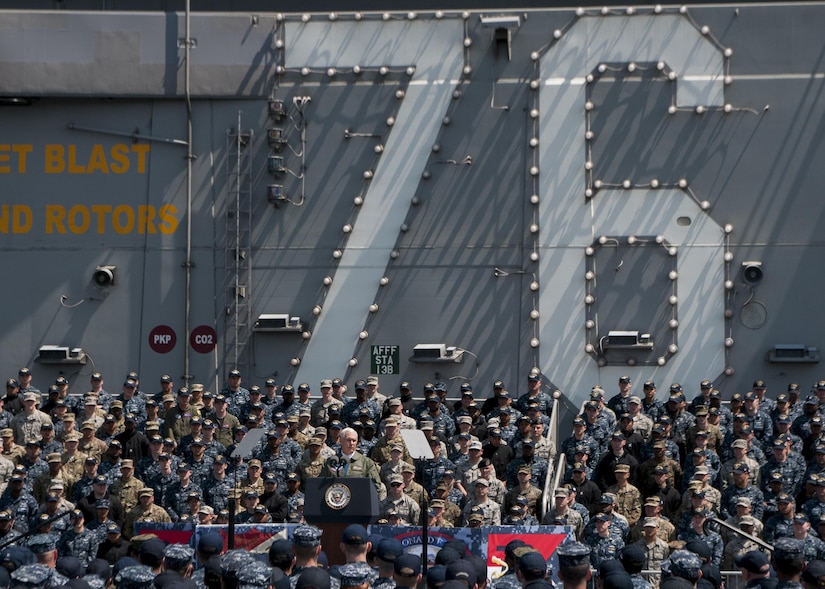 Vice President Mike Pence addresses service members aboard the aircraft carrier USS Ronald Reagan in Yokosuka, Japan, April 19, 2017. Navy photo by Seaman Frank Joseph Speciale