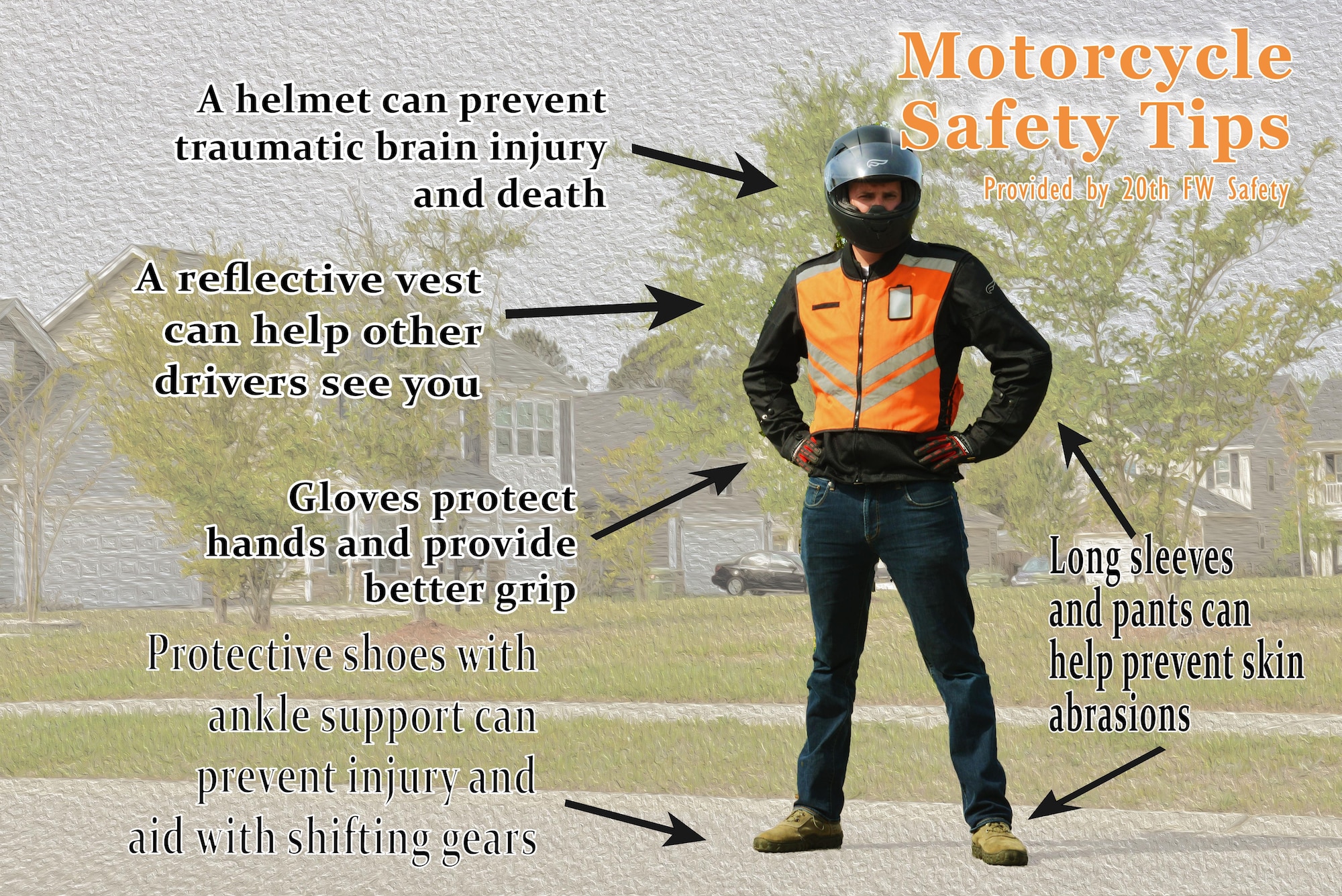 Motorcycle safety starts before getting on the bike. Riders should ensure compliance with local laws and take proper measures to protect themselves while on the open road. (U.S. Air Force illustration by Airman 1st Class Destinee Sweeney)