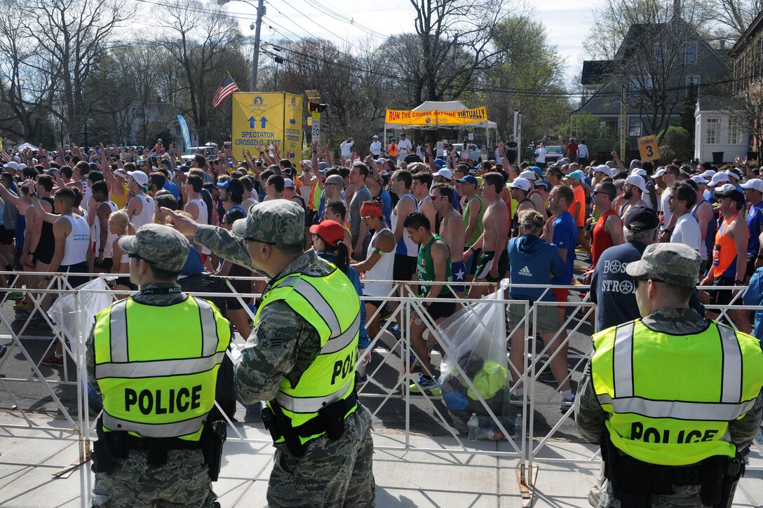 Massachusetts Air National Guardsmen provide security during the 121st Boston Marathon in Hopkinton, Mass., April 17, 2017. Army National Guard photo by Sgt. Michael V. Broughey