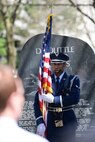 Airman 1st Class Izan Velazquez, a ceremonial guardsman with the Wright-Patterson Air Force Base Honor Guard, presents the American Flag during the 75th Anniversary memorial ceremony of the Doolittle Tokyo Raid, April 18, 2017 at the National Museum of the United States Air Force in Dayton, Ohio. The memorial service also included a wreath laying honoring the 80 volunteers who flew 16 B-25 bombers to strike the Japanese mainland from the USS Hornet aircraft carrier, turning the tide of World War II. (U.S. Air Force photo/Wesley Farnsworth)