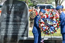 Air Force Academy cadets Robert Breen and Gabriel Perez lay a wreath next to the Doolittle Tokyo Raiders memorial at the National Museum of the United States Air Force in Dayton, Ohio as part of a 75th anniversary ceremony, April 18, 2017. The memorial attended by Lt. Col. (Ret.) Richard E. Cole, the sole surviving member of the Doolittle Raiders, honored the 80 volunteers who flew 16 B-25 bombers to strike the Japanese mainland from the USS Hornet aircraft carrier, turning the tide of World War II. (U.S. Air Force photo/Wesley Farnsworth)
