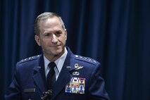 Chief of Staff of the Air Force, Gen. David L. Goldfein, responds to a media question during a press conference at the National Museum of the United States Air Force, April 18, 2017. The press conference was held prior to the start of the 75th Anniversary of the Doolittle Raid Memorial Ceremony also attended by the sole surviving Raider, Lt. Col. (Ret.) Richard E. Cole. (U.S. Air Force photo/Wesley Farnsworth)