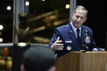 Chief of Staff of the Air Force, Gen. David L. Goldfein, responds to a media question during a press conference at the National Museum of the United States Air Force, April 18, 2017. The press conference was held prior to the start of the 75th Anniversary of the Doolittle Raid Memorial Ceremony also attended by the sole surviving Raider, Lt. Col. (Ret.) Richard E. Cole. (U.S. Air Force photo/Wesley Farnsworth)