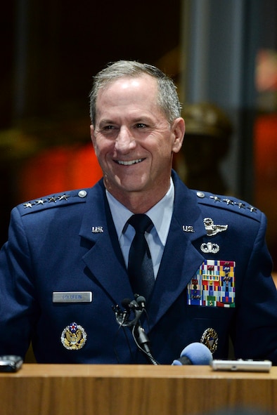 Chief of Staff of the Air Force, Gen. David L. Goldfein, responds to a media question during a press conference at the National Museum of the United States Air Force, April 18, 2017. The press conference was held prior to the start of the 75th Anniversary of the Doolittle Raid Memorial Ceremony also attended by the sole surviving Raider, Lt. Col. (Ret.) Richard E. Cole. (U.S. Air Force photo/Wesley Farnsworth)