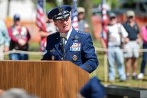 Chief of Staff of the Air Force, Gen. David L. Goldfein, delivers remarks at the 75th Anniversary Memorial Ceremony of the Doolittle Tokyo Raid, April 18, 2017 at the National Museum of the United States Air Force in Dayton, Ohio.  Attending the ceremony was Lt. Col. (Ret.) Richard E. Cole, the sole surviving member of the Doolittle Raiders, and Jeff Thatcher, the son of Doolittle Raider Staff Sgt. David Thatcher, who passed in June 2016. (U.S. Air Force Photo/ Wesley Farnsworth)