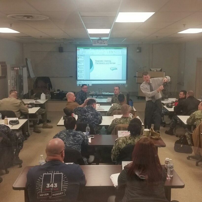 The Naval Safety and Environmental Training Center instructed a Respiratory Protection Program Manager (RPPM) course at the Quantico Training section (Bldg. 1001).  This 30-hr course, spanning from 21-24 April 2017, was attended by 33 students from around the Navy and Marine Corps.