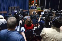Chief of Staff of the Air Force, Gen. David L. Goldfein, responds to a media question during a press conference at the National Museum of the United States Air Force, April 18, 2017. The press conference was held prior to the start of the 75th Anniversary of the Doolittle Raid Memorial Ceremony also attended by the sole surviving Raider, Lt. Col. (Ret.) Richard E. Cole. (U.S. Air Force photo/Wesley Farnsworth)