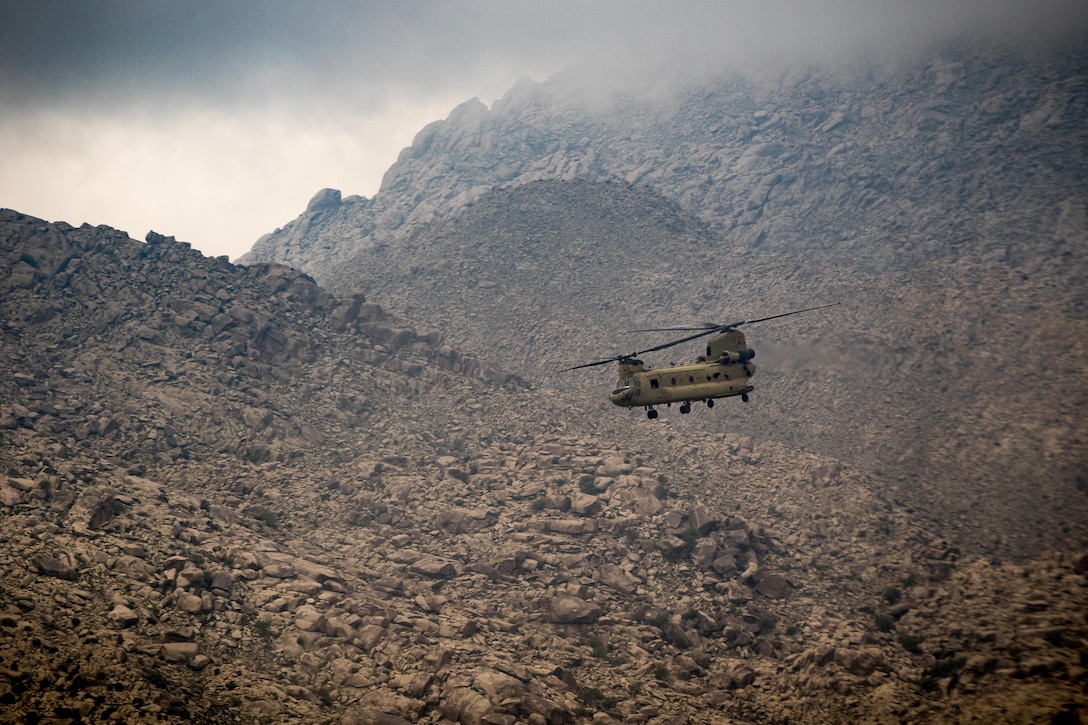 .S. Army CH-47 Chinook helicopter pilots assigned to Task Force Flying Dragons, 16th Combat Aviation Brigade, 7th Infantry Division fly near Jalalabad, Afghanistan, April 5, 2017. The Flying Dragons are preparing to assume their mission in support of Operation Freedom’s Sentinel and Resolute Support Mission.