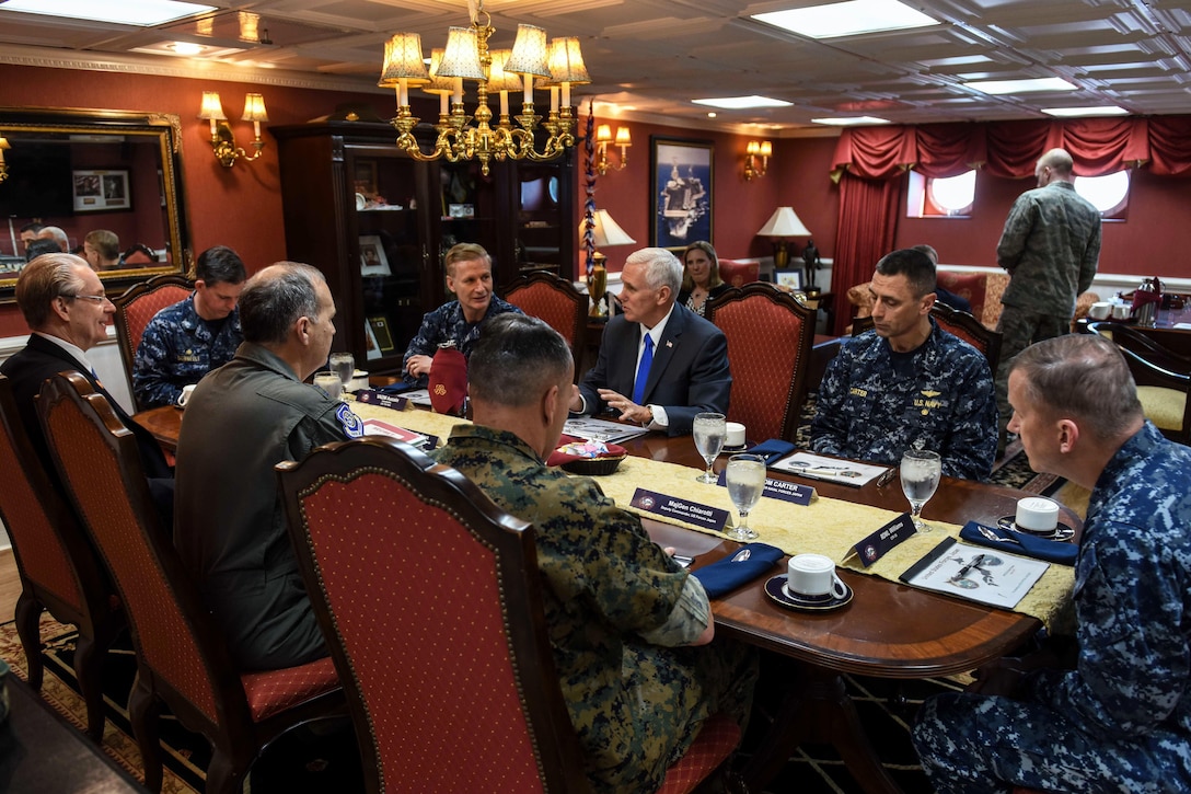 Vice President Mike Pence meets with senior officials in the commanding officer's in-port cabin aboard the USS Ronald Reagan in Yokosuka, Japan, April 19, 2017. Navy photo by Petty Officer 2nd Class Nathan Burke