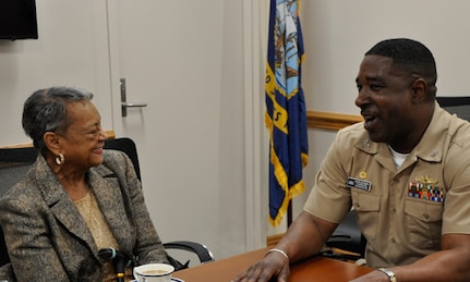 DAHLGREN, Va. (April 4, 2017) - The Navy's 'hidden figure' Raye Montague and Naval Surface Warfare Center Dahlgren Division (NSWCDD) Commanding Officer Capt. Godfrey 'Gus' Weekes meet at NSWCDD headquarters prior to Montague's keynote speech at a National Women's History Month Observance. Montague was the first person to design a U.S. Navy ship - the USS Oliver Hazard Perry (FFG-7) - using a computer, revolutionizing naval ship design. 