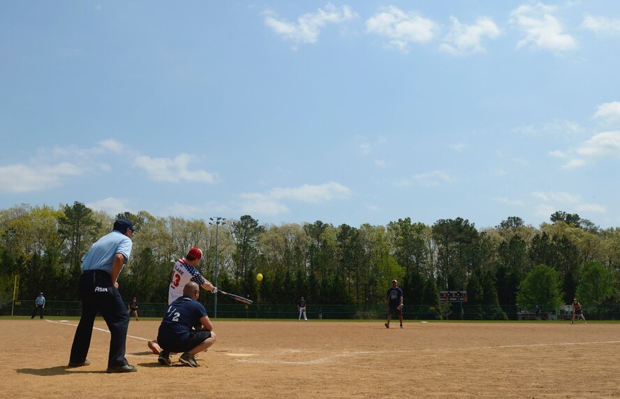 Retired U.S. Army Cpl. Nick Clark, Wounded Warrior Amputee Softball Team member, hits the ball during the WWAST game against the Newport News police and fire departments in Newport News, Va., April 15, 2017. The WWAST members live by the motto that “life without limbs is limitless.” (U.S. Air Force photo/Airman 1st Class Kaylee Dubois)