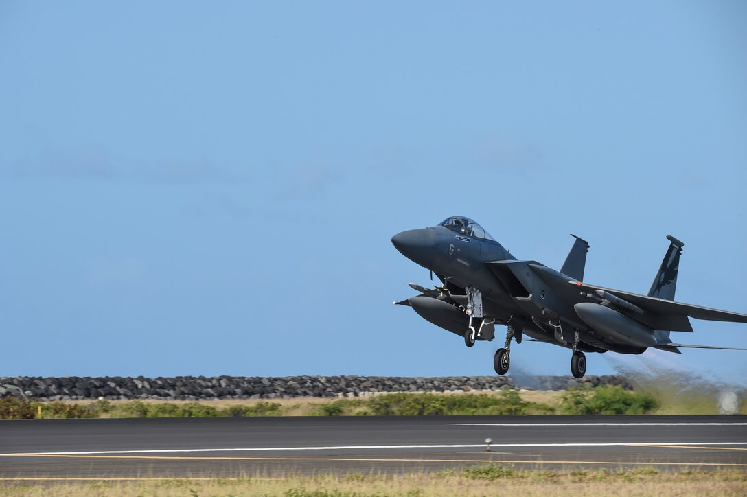 A U.S. Air Force F-15 Eagle from the California Air National Guard’s 144th Fighter Wing takes-off for the morning sortie at the Honolulu International Airport March 31, 2017 during Sentry Aloha 17-03. Sentry Aloha provides the ANG, Air Force and DoD counterparts a multi-faceted, joint venue with supporting infrastructure and personnel that incorporates current, realistic integrated training. (Air National Guard photo by Senior Master Sgt. Chris Drudge)