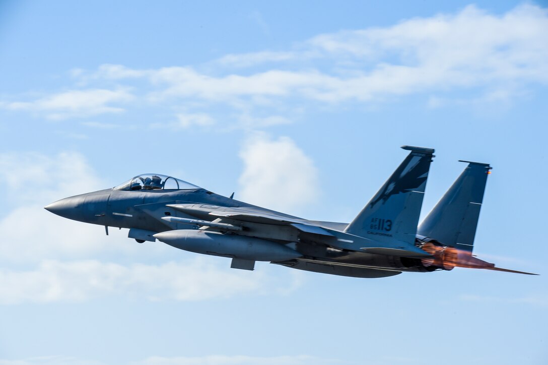 A U.S. Air Force F-15 Eagle from the California Air National Guard’s 144th Fighter Wing takes-off for the morning sortie at the Honolulu International Airport March 31, 2017 during Sentry Aloha 17-03. Sentry Aloha provides the ANG, Air Force and DoD counterparts a multi-faceted, joint venue with supporting infrastructure and personnel that incorporates current, realistic integrated training. (Air National Guard photo by Senior Master Sgt. Chris Drudge)