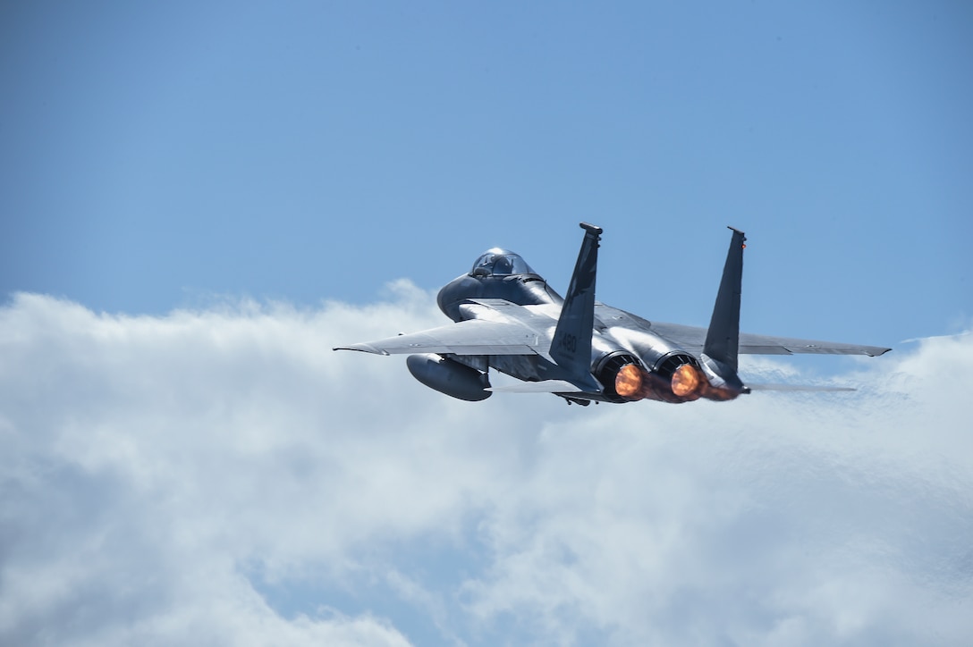 A U.S. Air Force F-15 Eagle from the California Air National Guard’s 144th Fighter Wing takes-off for the morning sortie at the Honolulu International Airport March 31, 2017 during Sentry Aloha 17-03. Sentry Aloha provides the ANG, Air Force and DoD counterparts a multi-faceted, joint venue with supporting infrastructure and personnel that incorporates current, realistic integrated training. (Air National Guard photo by Senior Master Sgt. Chris Drudge)