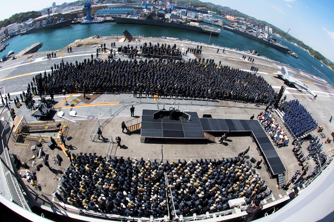 Vice President Mike Pence addresses service members on the flight deck of the USS Ronald Reagan in Yokosuka, Japan, April 19, 2017. Navy photo by Petty Officer 2nd Class Kenneth Abbate