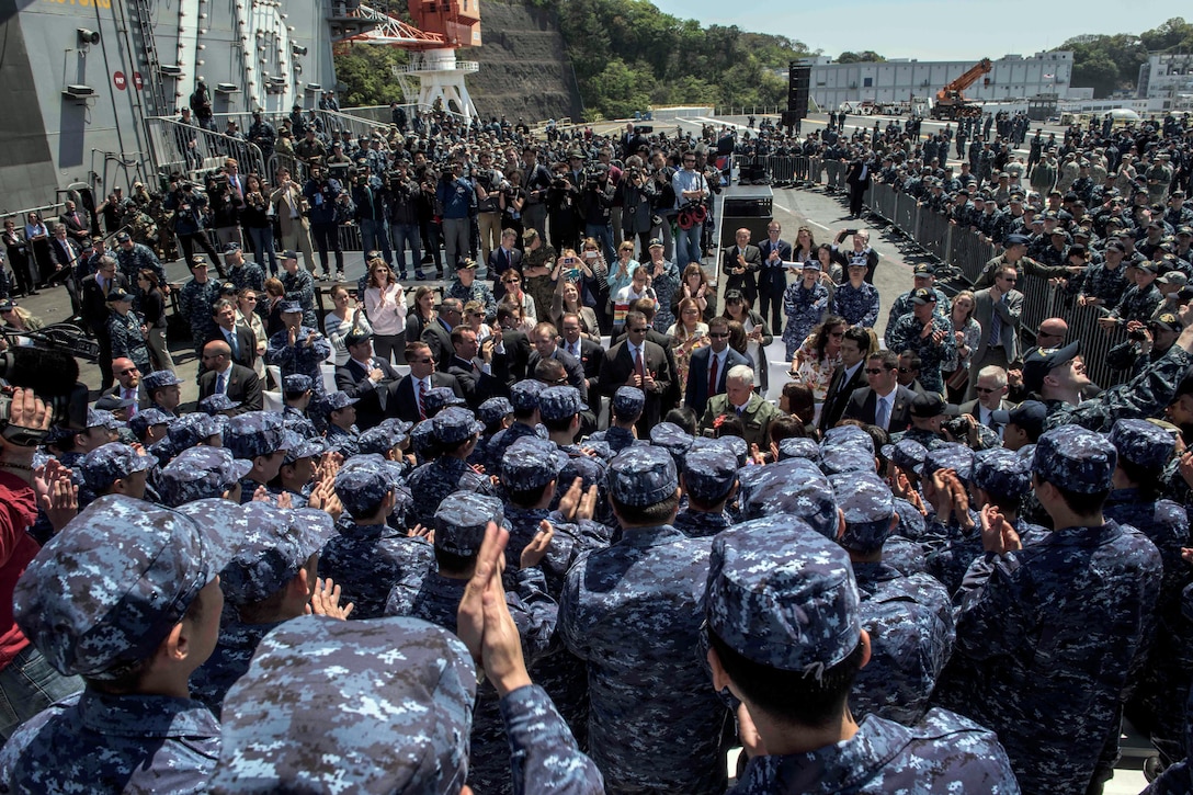 Vice President Mike Pence meets Japanese service members on the flight deck of the USS Ronald Reagan in Yokosuka, Japan, April 19, 2017. Navy photo by Petty Officer 2nd Class Nathan Burke