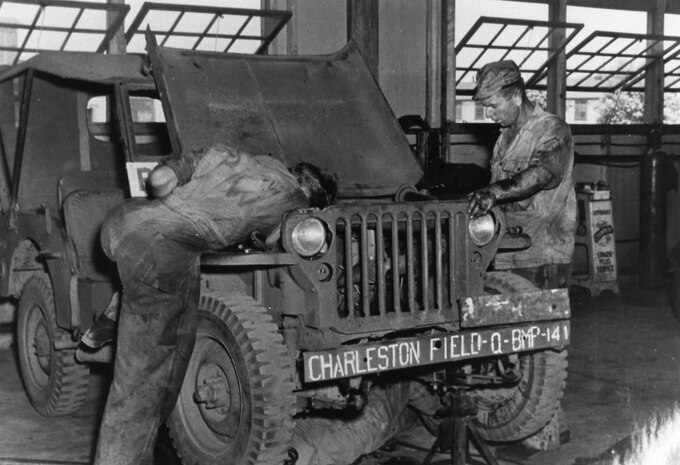 German Prisoner's of War working in the motor pool at the Charleston Army Airfield.