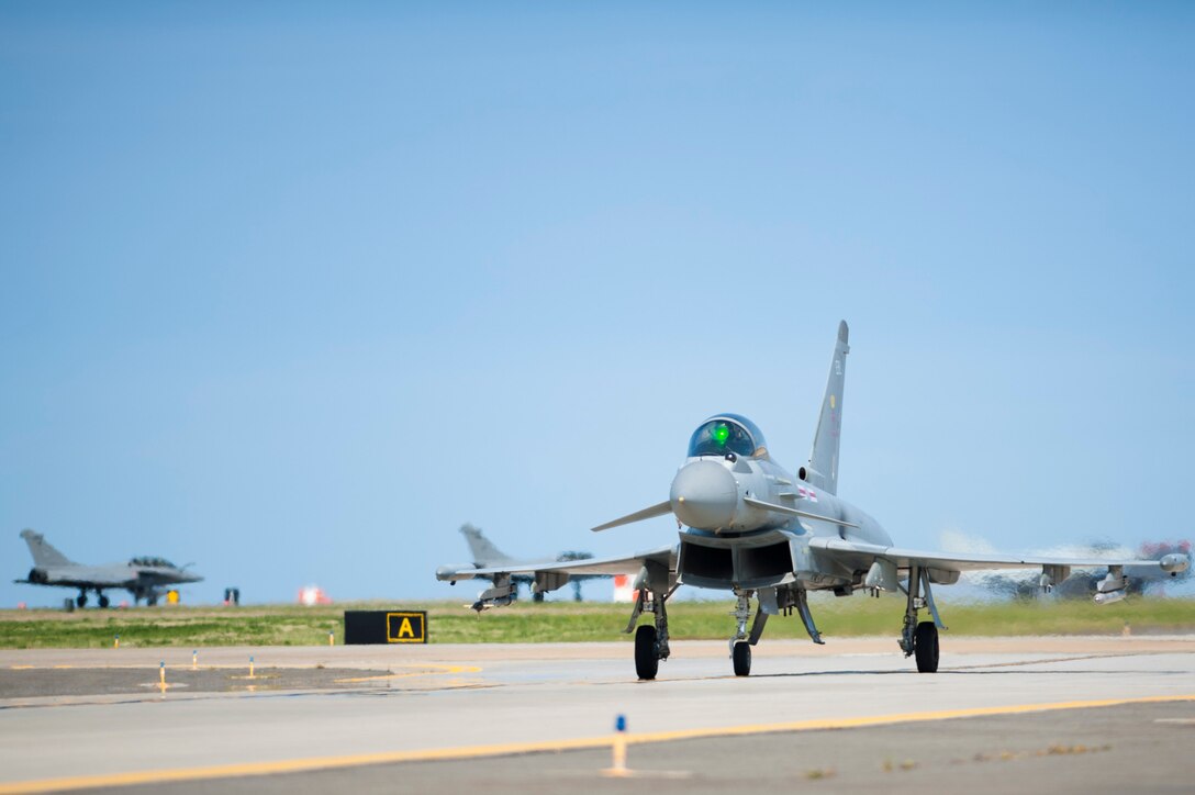 A Royal air force Eurofighter Typhoon taxis on the runway during ATLANTIC TRIDENT 17 at Joint Base Langley-Eustis, Va., April 14, 2017. The RAF participated in the exercise, which focused on operations in a highly contested operational environment through a variety of complex, simulated adversary scenarios. (U.S. Air Force photo/Airman 1st Class Tristan Biese)