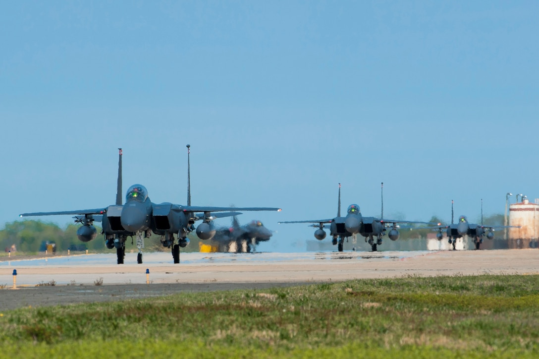 U.S. Air Force F-15E Strike Eagles assigned to Mountain Home Air Force Base, Idaho, taxis on the runway during ATLANTIC TRIDENT 17 at Joint Base Langley-Eustis, Va., April 14, 2017. The 1st Fighter Wing hosted the exercise to focus on greater integration of the U.S. Air Force's fifth-generation capabilities. (U.S. Air Force photo/Airman 1st Class Tristan Biese)