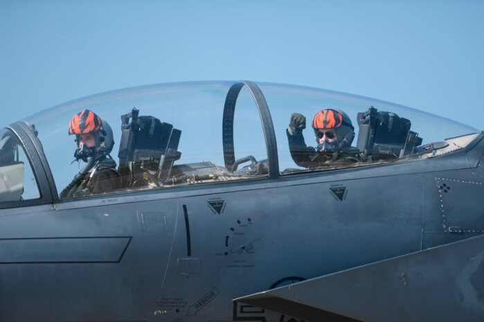 A U.S. Air Force F-15E Strike Eagle assigned to Mountain Home Air Force Base, Idaho, arrives for ATLANTIC TRIDENT 17 at Joint Base Langley-Eustis, Va., April 14, 2017. Approximately 225 U.S. Air Force, 175 Royal air force and 150 French air force service members participated in the exercise. (U.S. Air Force photo/Airman 1st Class Tristan Biese)