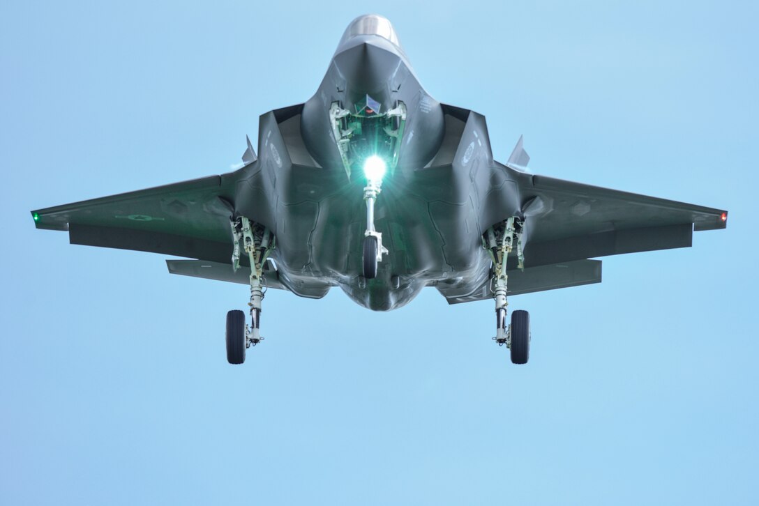 A U.S. Air Force F-35 Lightning II assigned to Eglin Air Force Base, Fla., prepares to land during ATLANTIC TRIDENT 17 at Joint Base Langley-Eustis, Va., April 16, 2017. The goal of the exercise was to enhance interoperability through combined coalition aerial campaigns. (U.S. Air Force photo/Airman 1st Class Tristan Biese)