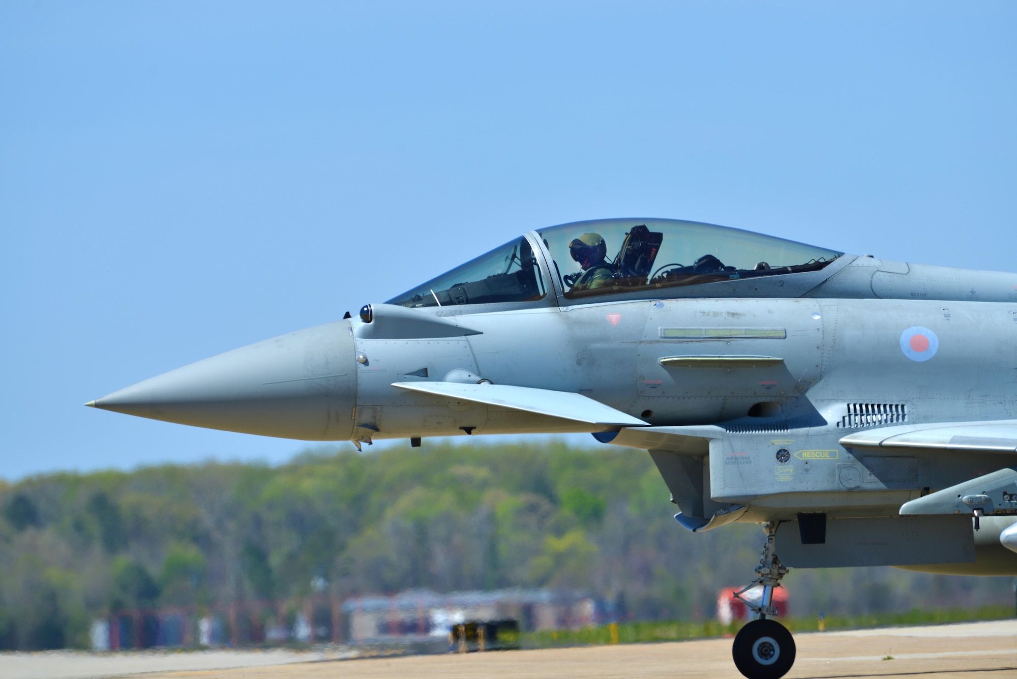 A Royal air force Eurofighter Typhoon taxis on the runway during ATLANTIC TRIDENT 17 at Joint Base Langley-Eustis, Va., April 10, 2017. U.S. Air Force Airmen worked with the Royal air force and the French air force during the exercise to enhance interoperability through combined coalition aerial campaigns. (U.S. Air Force photo/Airman 1st Class Tristan Biese)