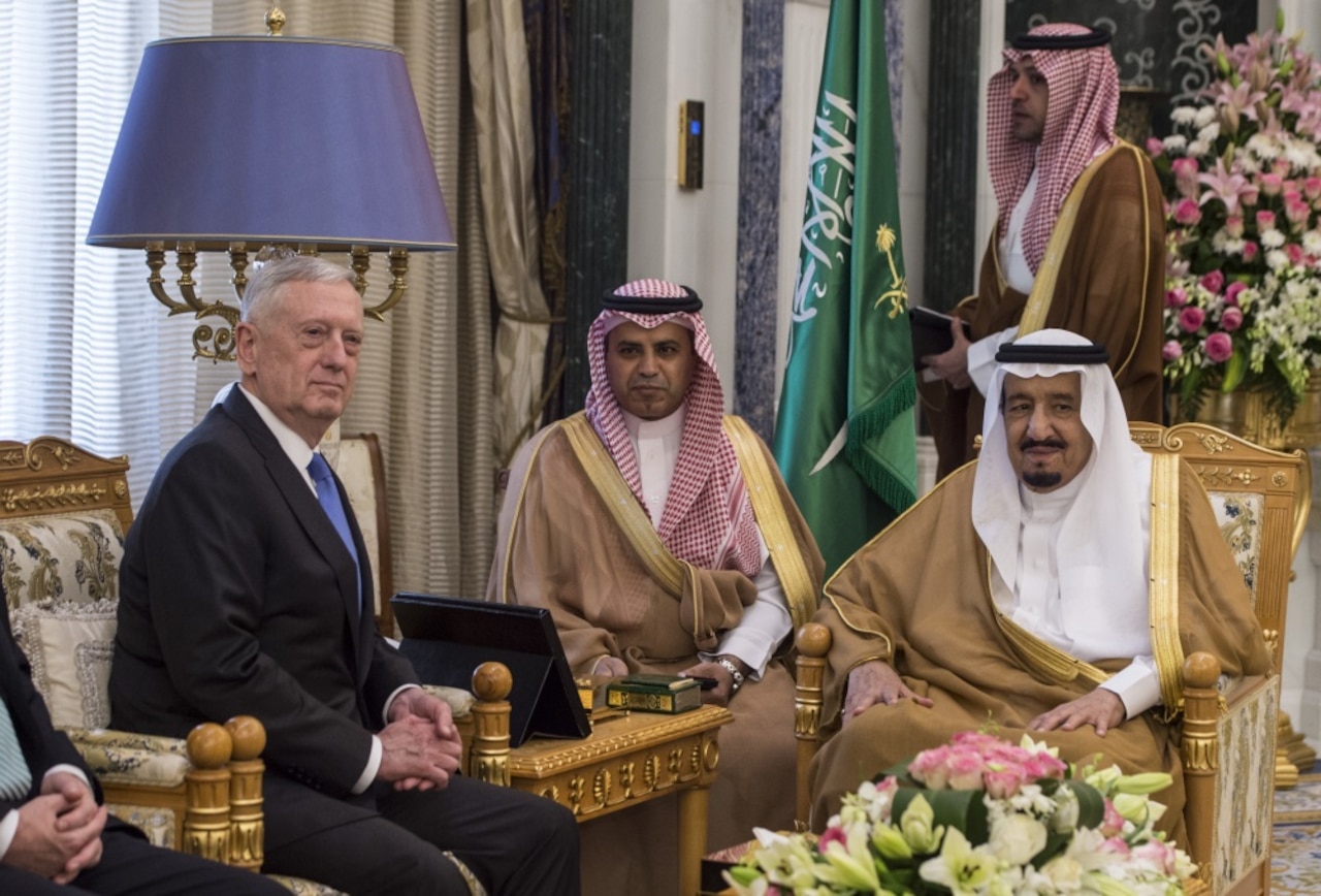 Defense Secretary Jim Mattis meets with Saudi Arabia’s King Salman bin Abdulaziz al-Saud in Riyadh, Saudi Arabia, April 19, 2017. DoD photo by U.S. Air Force Tech. Sgt. Brigitte N. Brantley