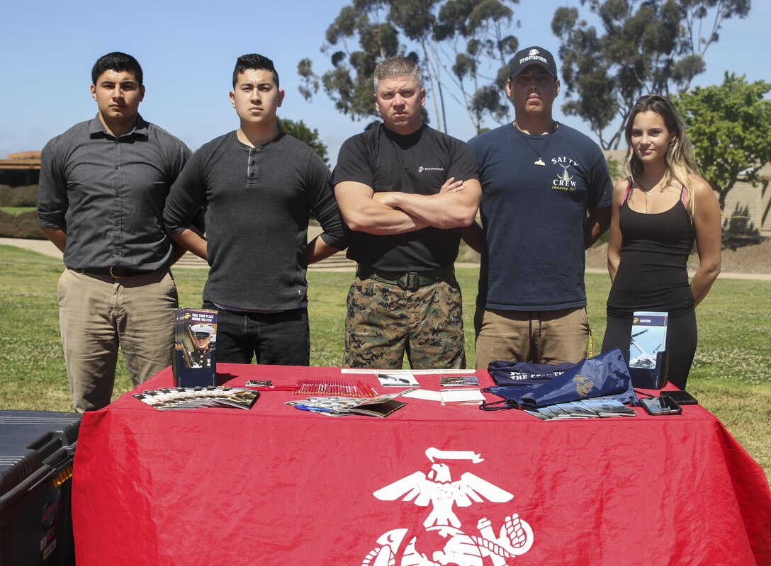 Sgt. Eric Moroney and his future Marines hold a pull-up challenge at Torrey Pines High School, April 5, 2017, in San Diego, California, during the ASA Entertainment’s anti-bullying tour. During the tour Marine Corps recruiters, ASA Entertainment staff and BMX pro riders traveled to multiple schools, April 3-7, 2017, to spread anti-bullying awareness. Moroney, from Boston, Massachusetts,  is recruiter with Marine Corps Recruiting Station San Diego, 12th Marine Corps Recruiting District, Western Recruiting Region, Marine Corps Recruiting Command. (U.S. Marine Corps photo by Sgt. William Hester/ Released)