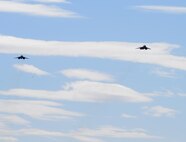 Two U.S. Air Force B-1 Lancer bombers, from the 28th Bomb Wing, Ellsworth Air Force Base, S.D., fly over the National Museum of the United States Air Force at Wright-Patterson AFB, Ohio, April 18, 2017, on the 75th anniversary of the Doolittle Raid on Japan. The flyover marked the end of a memorial service commemorating the raid. (U.S. Air Force photo by R.J. Oriez)