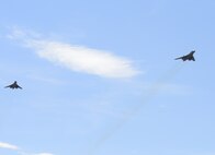 Two U.S. Air Force B-1 Lancer bombers, from the 28th Bomb Wing, Ellsworth Air Force Base, S.D., fly over the National Museum of the United States Air Force at Wright-Patterson AFB, Ohio, April 18, 2017, on the 75th anniversary of the Doolittle Raid on Japan. The flyover marked the end of a memorial service commemorating the raid. (U.S. Air Force photo by R.J. Oriez)