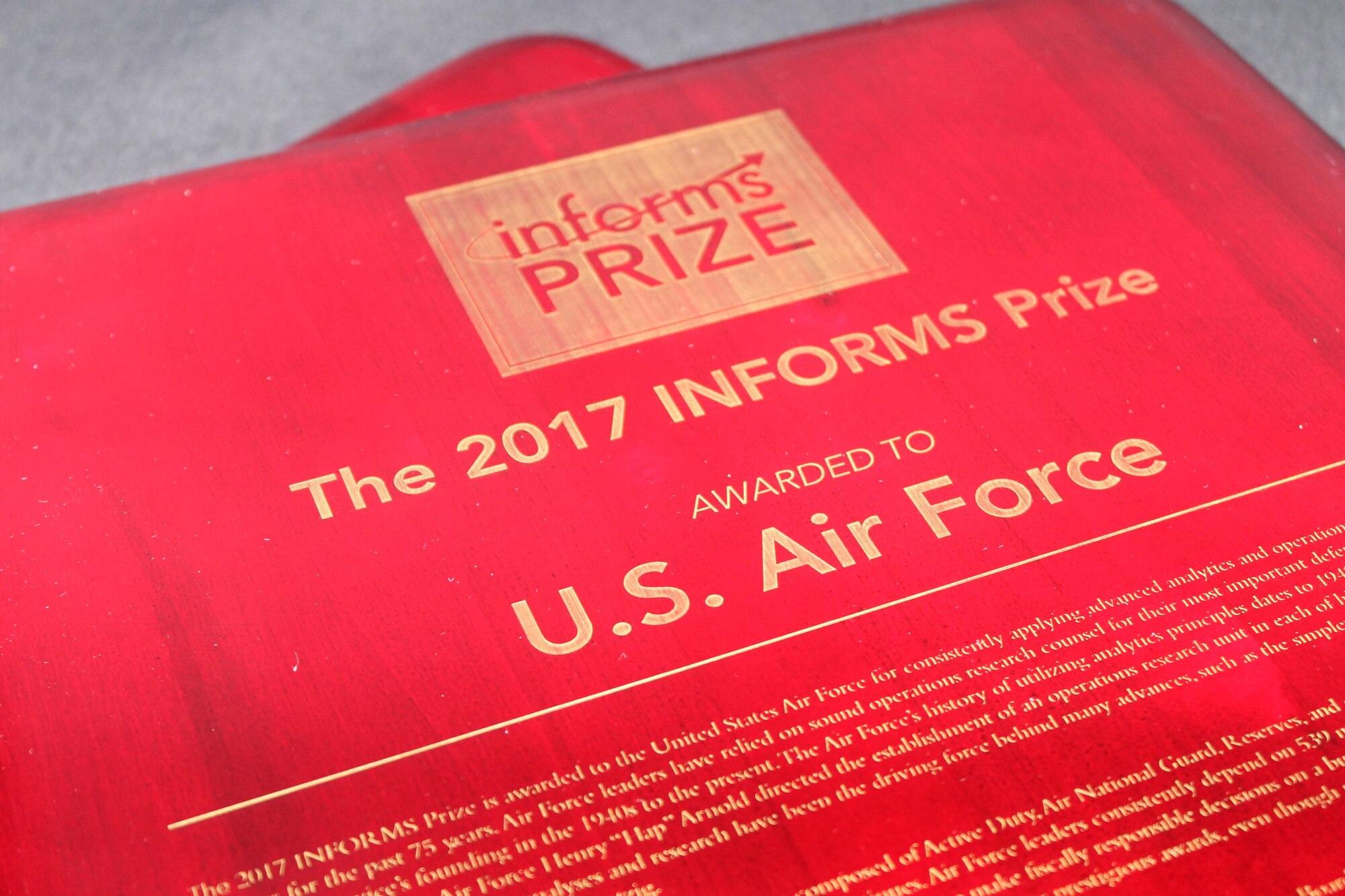 The Air Force was awarded the 2017 INFORMS Prize April 3, 2017, at a gala in Las Vegas, Nev., for their pioneering and enduring integration of operations research and analytics programs. (Courtesy photo)