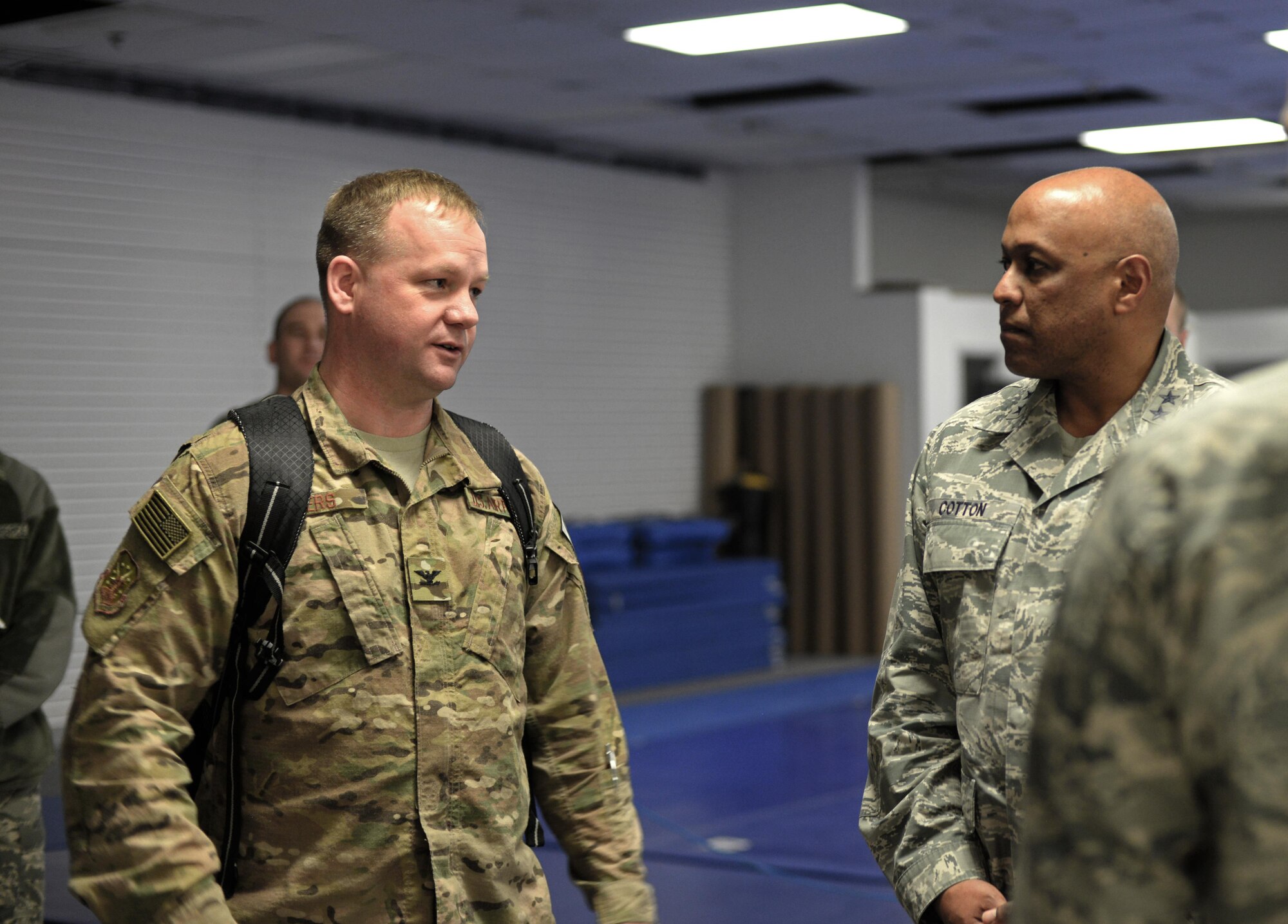 Maj. Gen. Anthony Cotton, 20th Air Force commander, speaks with Airmen at Minot Air Force Base, N.D., April 28, 2017. The 20th AF mission is to prepare the Nation's intercontinental ballistic missile force to execute safe, secure, and effective nuclear strike operations and support worldwide combatant command requirements. (U.S. Air Force photo/Airman 1st Class Austin M. Thomas)