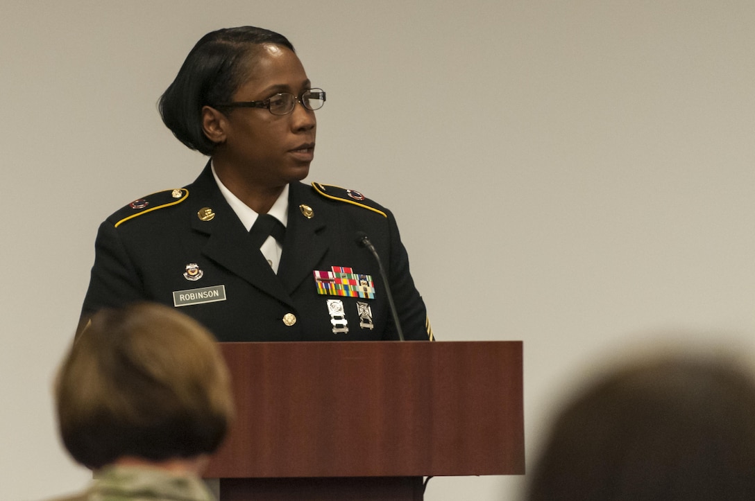 Master Sgt. Donna Robinson, U.S. Army Reserve Command command group, gives her remarks as USARC Soldiers and civilians remembered Maj. Gen. Franciso A. Espaillat during a memorial ceremony at the U.S. Army Reserve Command headquarters, April 19, 2017, at Fort Bragg, N.C. Espaillat, 56, from New York City, was slated to become the next U.S. Army Reserve Command chief of staff. He previously served as the commanding general of the 143rd Sustainment Command (Expeditionary), in Orlando, Fla. Espaillat died April 7, 2017, at Fort Bragg. (U.S. Army photo by Timothy L. Hale/Released)