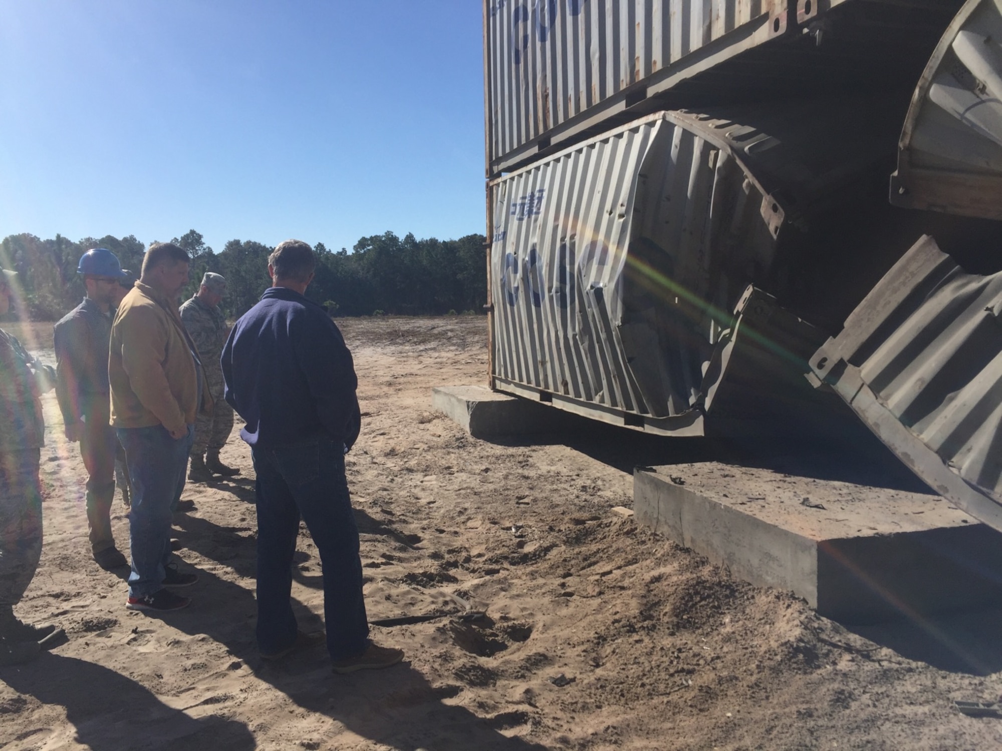 Members of the Air Force Civil Engineer Center recently tested expeditionary CONEX, or container express, dorms for progressive collapse at Tyndall Air Force Base, Florida. (Courtesy photo).