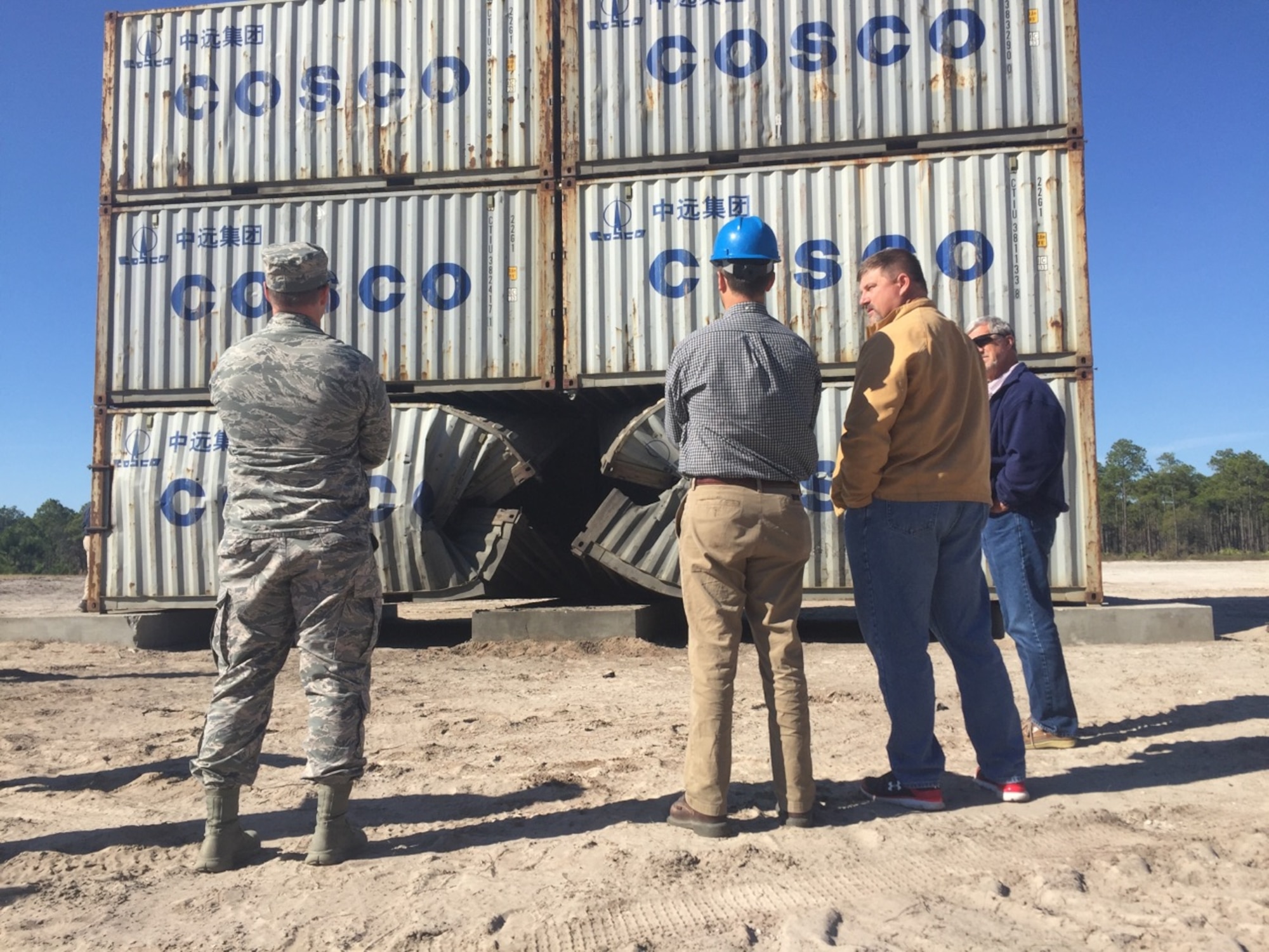 Members of the Air Force Civil Engineer Center recently tested expeditionary CONEX, or container express, dorms for progressive collapse at Tyndall Air Force Base, Florida. (Courtesy photo).