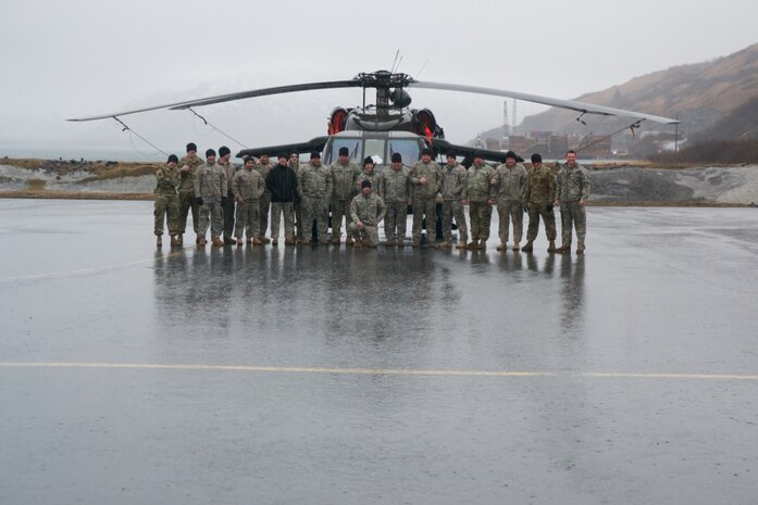 Alaska Army National Guard Aviation Soldiers pose for a photograph in front of a UH-60 Blackhawk helicopter in April. Soldiers from 1st Battalion, 207th Aviation Regiment, and 2-104th General Support Aviation Battalion, were in Kodiak supporting Arctic Care 2017, a multi-service health care training exercise supporting communities in rural Alaska. 