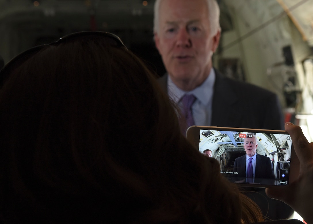 U.S. Sen. John Cornyn, R-TX, speaks during a live interview on board a C-130J Super Hercules at Dyess Air Force Base, April 18, 2017. The senator said the enduring mission of Dyess remains very important for the U.S. in regards to the military and national security. (U.S. Air Force photo by Senior Airman Kedesha Pennant)
 
