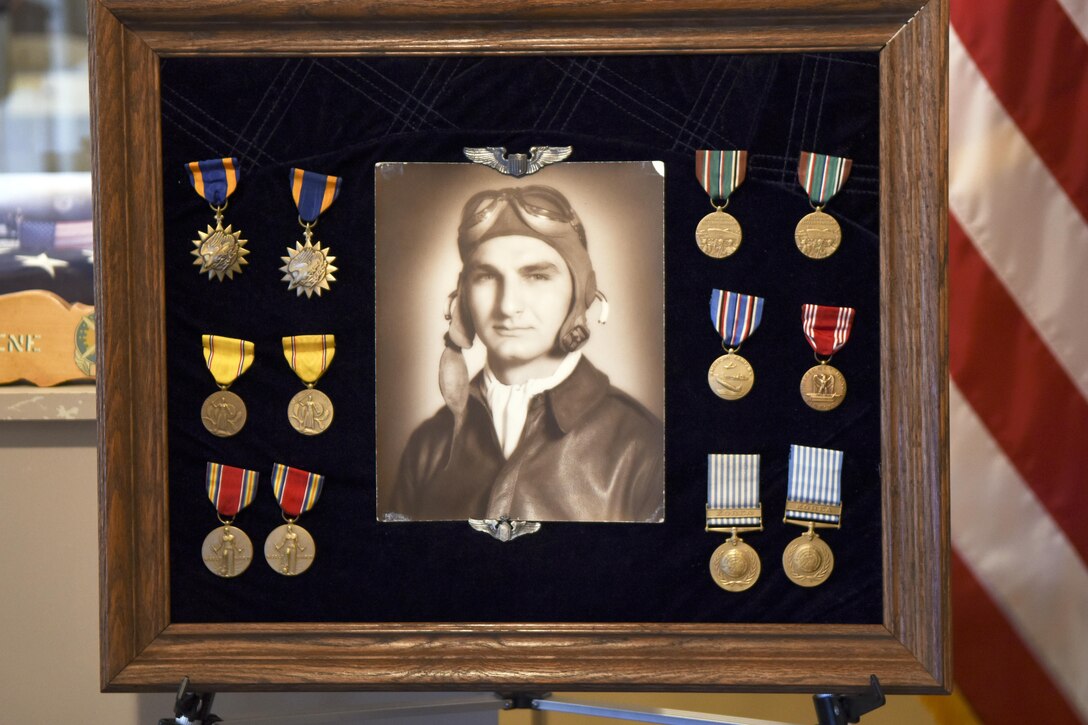 Capt. Stanley Scott Sr., U.S. Army Air Corps pilot, was awarded the POW medal posthumously by U.S. Sen. John Cornyn, R-TX, at the Dyess Museum, April 18, 2017. He was killed in action in Korea, March 6, 1952. Since he was killed in action, the Air Force had been unable to locate discharge papers as documentation for the POW medal. Cornyn’s office collected proper documentation of Scott’s service and work from his son and sent it to the Air Force to secure the medal. Scott Sr. was also awarded the Air Medal with one oak leaf cluster, the European Theater Ribbon with three clusters, the pre-Pearl Harbor ribbon with one star, the American Defense Medal, the Good Conduct Medal and the Korean Service Medal. (U.S. Air Force photo by Senior Airman Kedesha Pennant)

