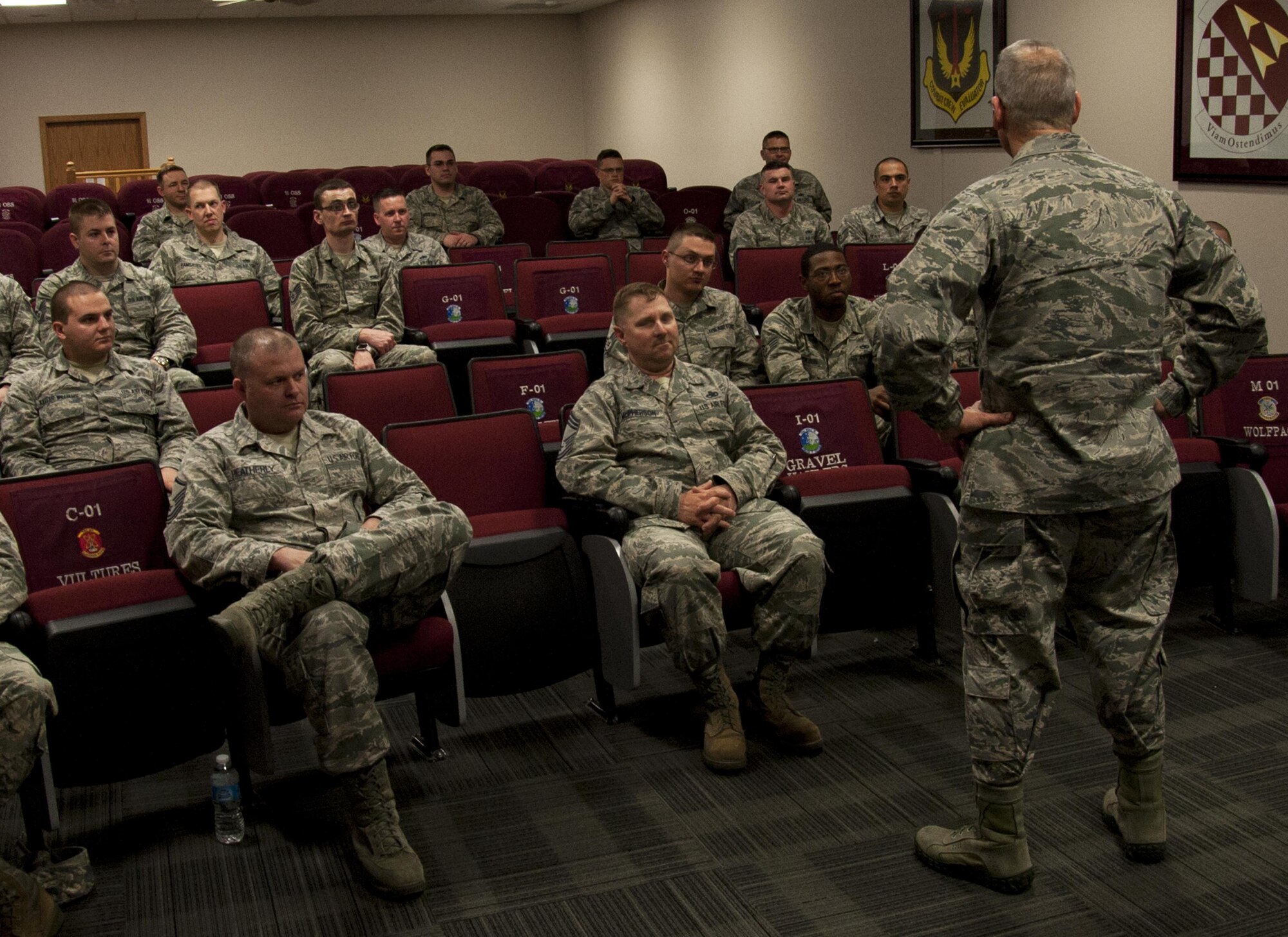 Maj. Gen. Robert D. LaBrutta, Second Air Force commander, speaks to Detachment 23, 373rd Training Squadron Airmen at Minot Air Force Base, N.D., April 18, 2017. LaBrutta visited multiple training facilities during his tour at Minot AFB. (U.S. Air Force photo/Airman 1st Class Alyssa M. Akers)